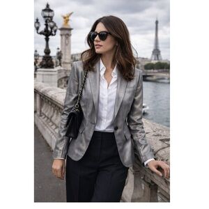 CALVIN KLEIN Metallic Gray Herringbone  One Button Blazer Sz 12 Tailored Chic